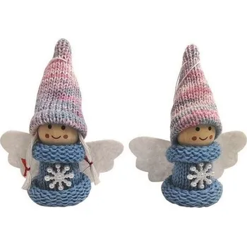 Vánoční dekorace Anděl s duhovou čepicí v modrém svetříku na zavěšení 8,5 cm