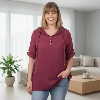Dámská tunika Dámská vínová dlouhá bavlněná mušelínová tunika s kapucí nadměrná velikost - italská móda M1749