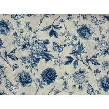 Bavlněná látka Modré růže s motýly - digitální tisk