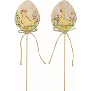 Velikonoční dekorace Vajíčko s husou nebo kohoutem dřevěné 4,5 x 5,5 x 0,5 cm + špejle