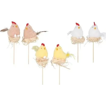 Velikonoční dekorace Slepička, kohoutek v hnízdě 7 cm + špejle