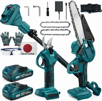 Sada zahradního nářadí AKU sada 3v1 – zahradní nůžky s LCD displejem pila s automatickým mazáním a teleskopická tyč + 2x baterie 48V, rukavice, brýle, řetězy a příslušenství petrolejová