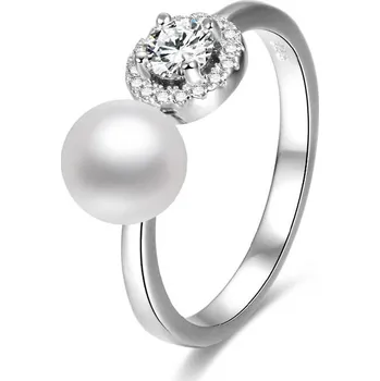 Prsten Otevřený stříbrný prsten se zirkony a perlou AGG339 Beneto / Rozměr: L (60 - 63 mm)