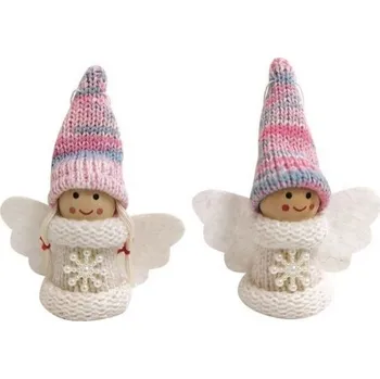 Vánoční dekorace Anděl s duhovou čepicí v bílém svetříku na zavěšení 8,5 cm