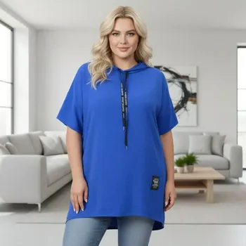 Dámská tunika Italská móda - Dámská modrá tunika s kapucí pro plnoštíhlé univerzální velikost XL - XXXL O1581