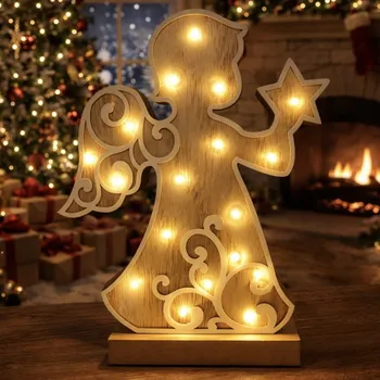 Vánoční dekorace Dřevěná svítící LED dekorace 33 cm anděl s trumpetou