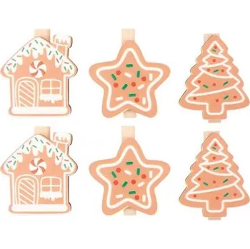 Vánoční dekorace Mix dřevěných vánočních motivů na kolíčku cca 3 x 4 x 0,3 cm, 6 ks v sáčku