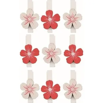 Vánoční dekorace Kytka červená a bílá dřevěná 2,5 x 2,5 x 0,3 cm na kolíčku, 9 ks v sáčku