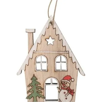 Vánoční dekorace Domek se sněhulákem dřevěný na zavěšení 9,5 x 12 x 0,5 cm