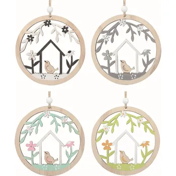 Jarní dekorace Pták v kruhu ze dřeva10 x 10 x 0,5 cm na zavěšení 7381