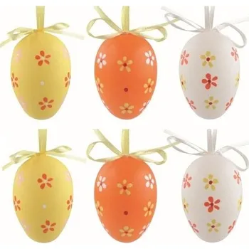 Velikonoční dekorace Velikonoční vejce plastová Květiny 6 cm na zavěšení, 6 ks v sáčku [A]