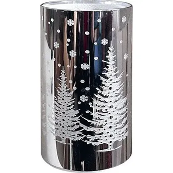 Vánoční dekorace Svítící skleněný válec se stromem – stříbrný, 15 x 9 cm, teplá bílá, 10 LED, časovač