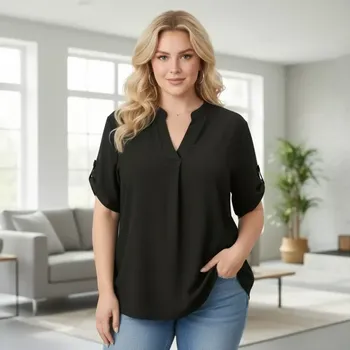 Dámská košile Dámská černá košile styl Italská móda s krátkým rukávem uni velikost L - XXL O2999