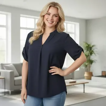 Dámská košile Dámská tmavě modrá košile styl Italská móda s krátkým rukávem uni velikost L - XXL O2997