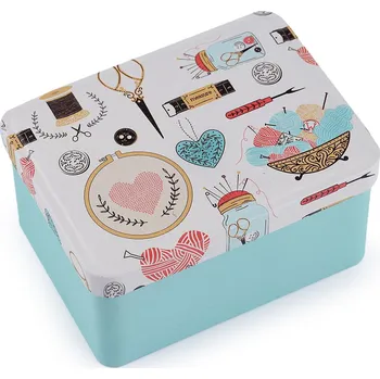 Organizér galanterie Plechová krabička na šití, střední, 6 tyrkys sv.