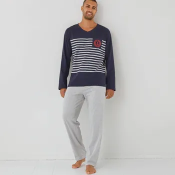 Pánské pyžamo Pyžamo s kalhotami, výstřihem do V a potiskem pruhů nám.modrá/šedý melí 97/106