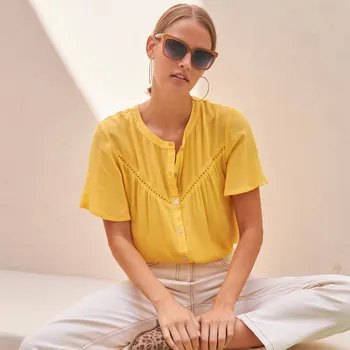 Dámská halenka Vzdušná halenka s krátkými rukávy žlutá 46