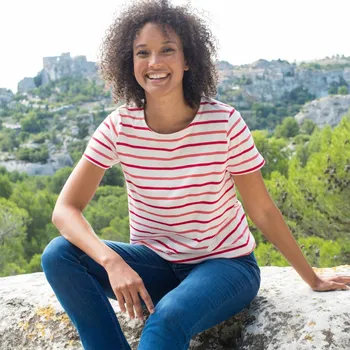 Proužkované tričko s kulatým výstřihem režná/červená 50