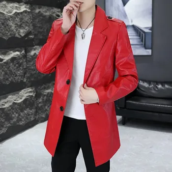 Pánský kabát Best Fashion Pánský dlouhý koženkový kabát elegantního střihu Barva: Červená, Velikost: M