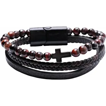 Náramek Náramek pánský kožený s tygřím okem Křížek obvod cca 20 cm