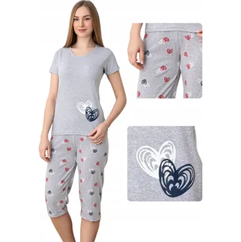Dámské pyžamo Dámské pyžamo krátký rukáv 3/4 kalhoty bavlněné 2 srdíčka světle šedé XL