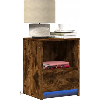 Noční stolek Noční stolek s LED osvětlením, kouřový dub, dřevěný materiál