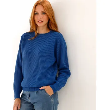 Dámský svetr Pulovr s kulatým výstřihem a hladkým vzorem modrá 50