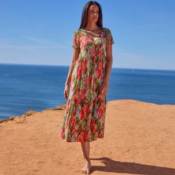 Dámská móda Kreponové midi šaty s výstřihem do V a vícebarevným potiskem khaki/růžová 54