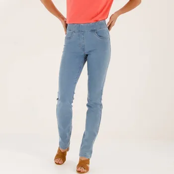 Dámská móda Strečové rovné džegíny sepraná modrá 50