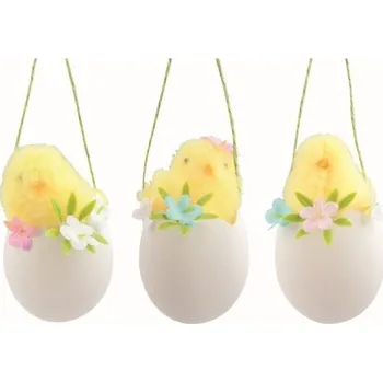 Velikonoční dekorace Kuře žluté ve skořápce s dekoracemi 6 x 11 x 6 cm na zavěšení