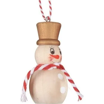 Vánoční dekorace Sněhulák se zlatým cylindrem dřevěný na zavěšení 3,5 x 6,5 x 3,5 cm