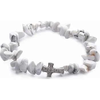 Drahý kámen Howlit bílý náramek sekaný se zirkonovým křížkem obvod cca 16 až 21 cm