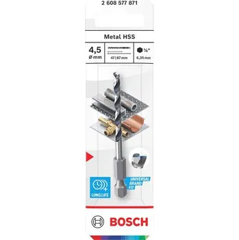 Vrták Bosch Vrták do kovu Metal HSS, 4,5 × 47 × 87 mm, zúžená stopka HEX ¼" Professional (2608577871)
