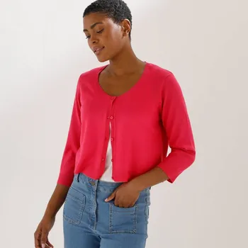 Úpletové propínací bolerko s 3/4 rukávy fuchsie 50