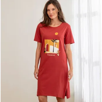 Dámská noční košile Krátká noční košile s potiskem exotické krajiny tomatová 38/40