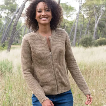 Dámský svetr Svetr na zip, s hladkým vzorem béžový melír 46/48