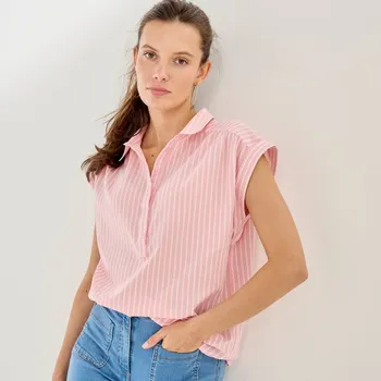 Dámská halenka Proužkovaná halenka s výstřihem na knoflíčky růžová/bílá 48