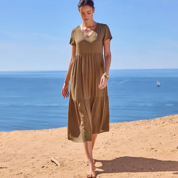 Dámská móda Kreponové jednobarevné midi šaty s výstřihem do V olivová 42