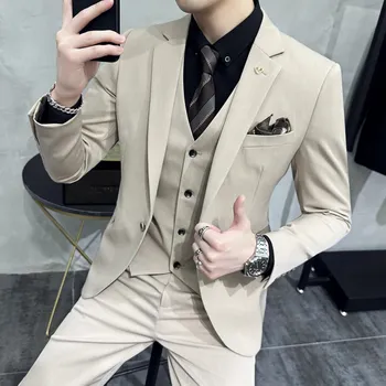 Pánský oblek Pánský elegantní třídílný oblek moderního střihu - Béžový L Barva: Béžová, Velikost: L