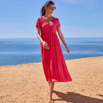 Dámská móda Kreponové jednobarevné midi šaty s výstřihem do V malinová 44