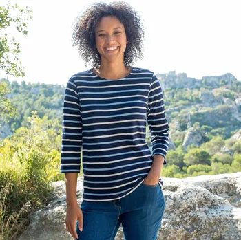 Dámské tričko Proužkované tričko s 		3/4 rukávy nám. modrá/režná 50