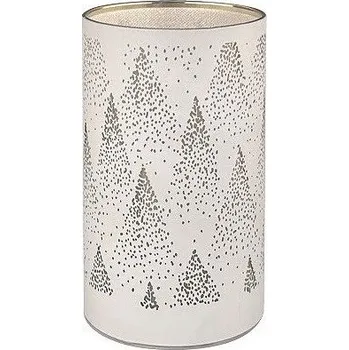 Vánoční dekorace Svítící skleněný válec se stromy – bílý, 15 x 9 cm, teplá bílá, 10 LED, časovač