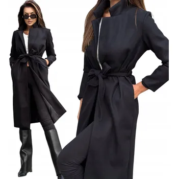 Dámský kabát Elegantní dámský dlouhý kabát s vázáním, flaušový, klasický černý S