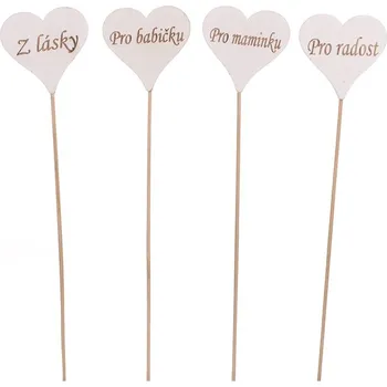 Srdce s nápisem - zápich, dřevo, přírodní, cena za balení (6 ks) Barva: bílá