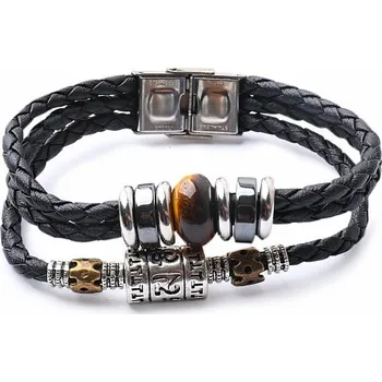 Náramek Náramek pánský kožený černý pletený s tygřím okem a hematitem obvod cca 22 cm