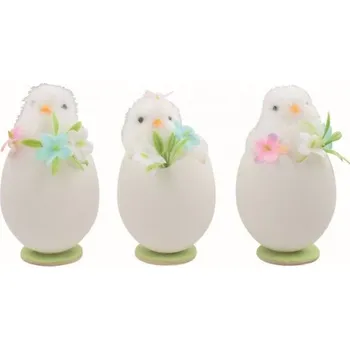 Velikonoční dekorace Kuře bílé ve skořápce s dekoracemi 6 x 11 x 6 cm na postavení