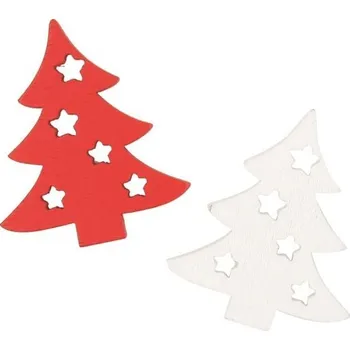 Vánoce Stromek dřevěný s lepíkem 4,5 cm, červený a bílý, 16 ks v krabičce
