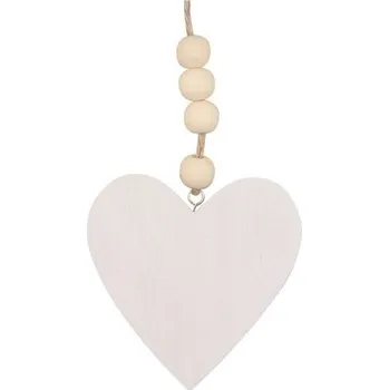Dřevěné srdce s korálky na zavěšení bílé 12 cm