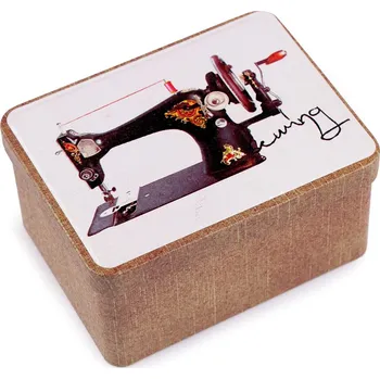 Organizér galanterie Plechová krabička na šití, střední, 4 béžová tm. šicí stroj