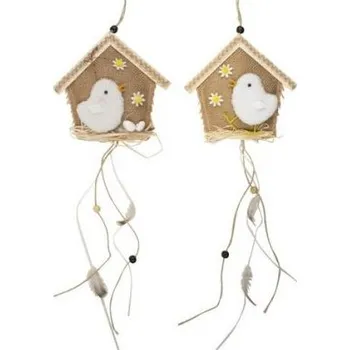 Vánoce Domeček jutový s bílým kuřátkem 14 cm na zavěšení